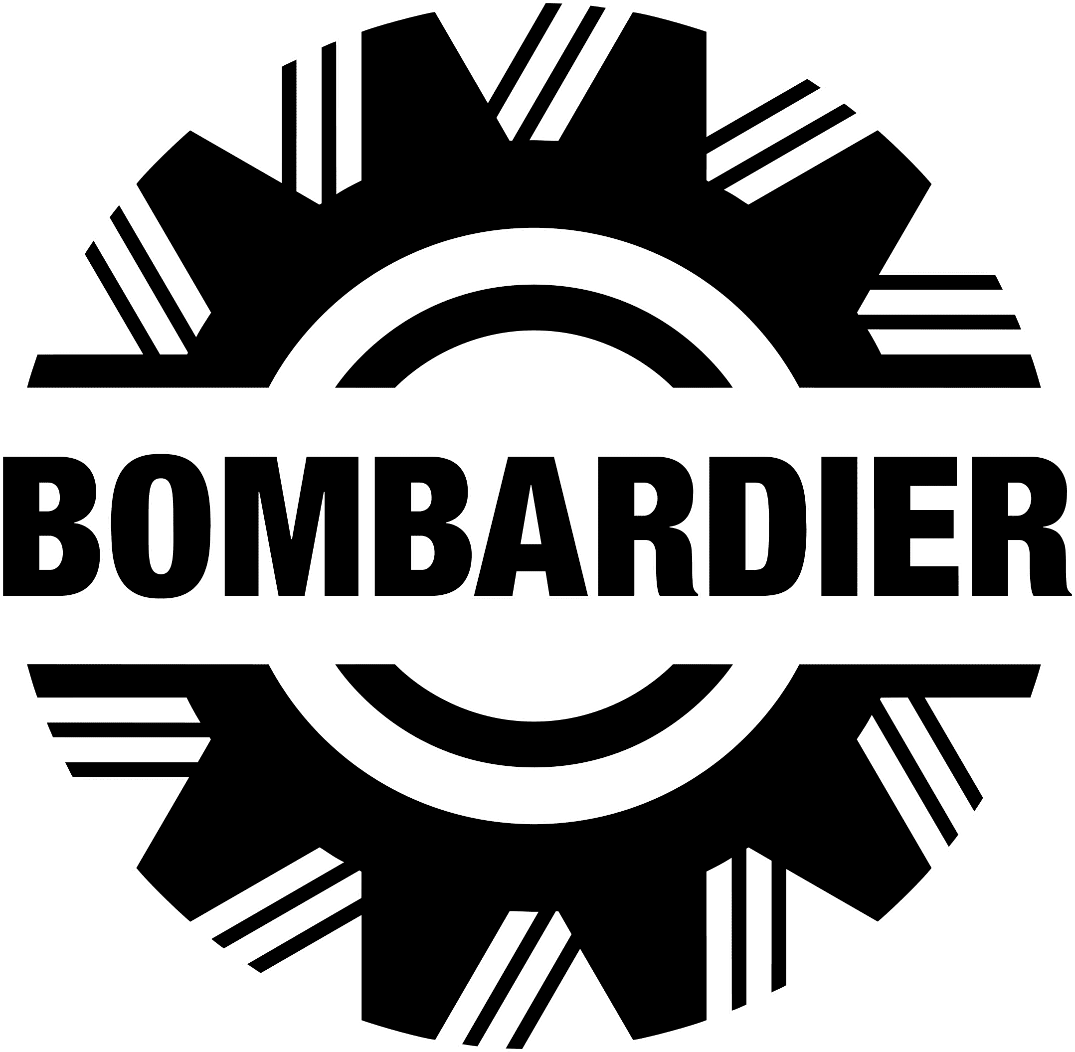 Bombardier logo in black and white featuring bold text inside a gear design