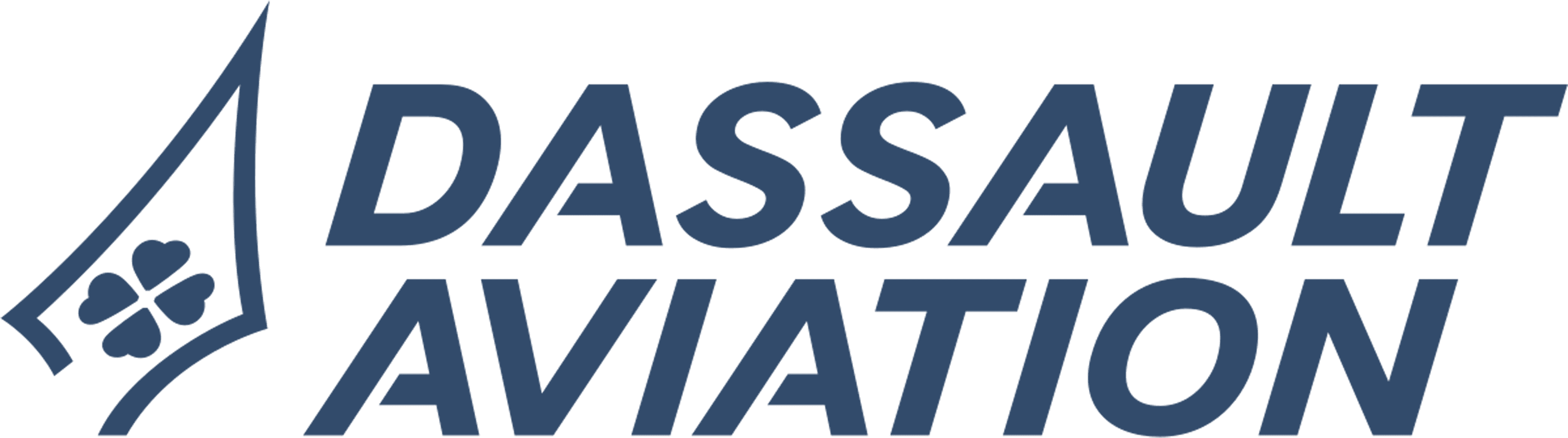 Dassault Aviation logo with blue text and a stylized wing symbol with a clover