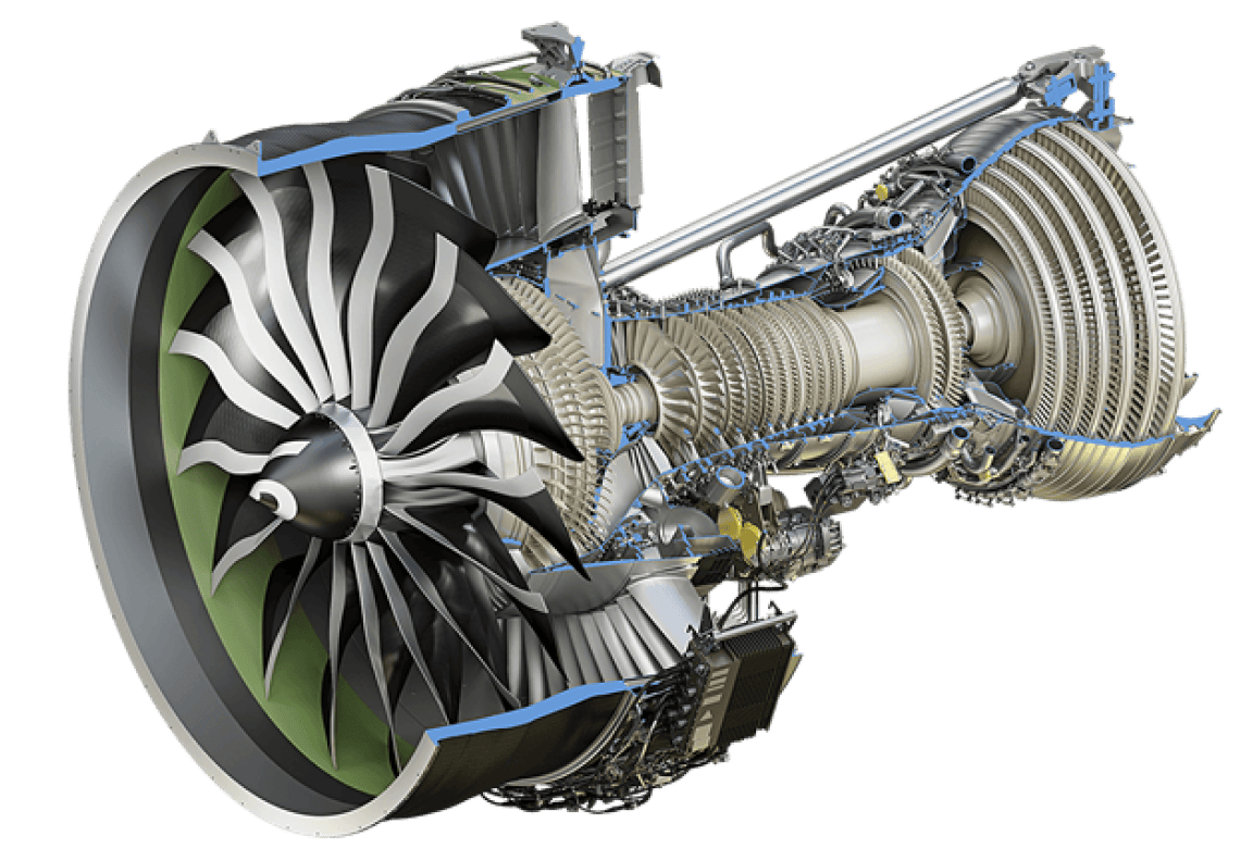 Cross-section view of a jet engine showing internal turbine blades and parts