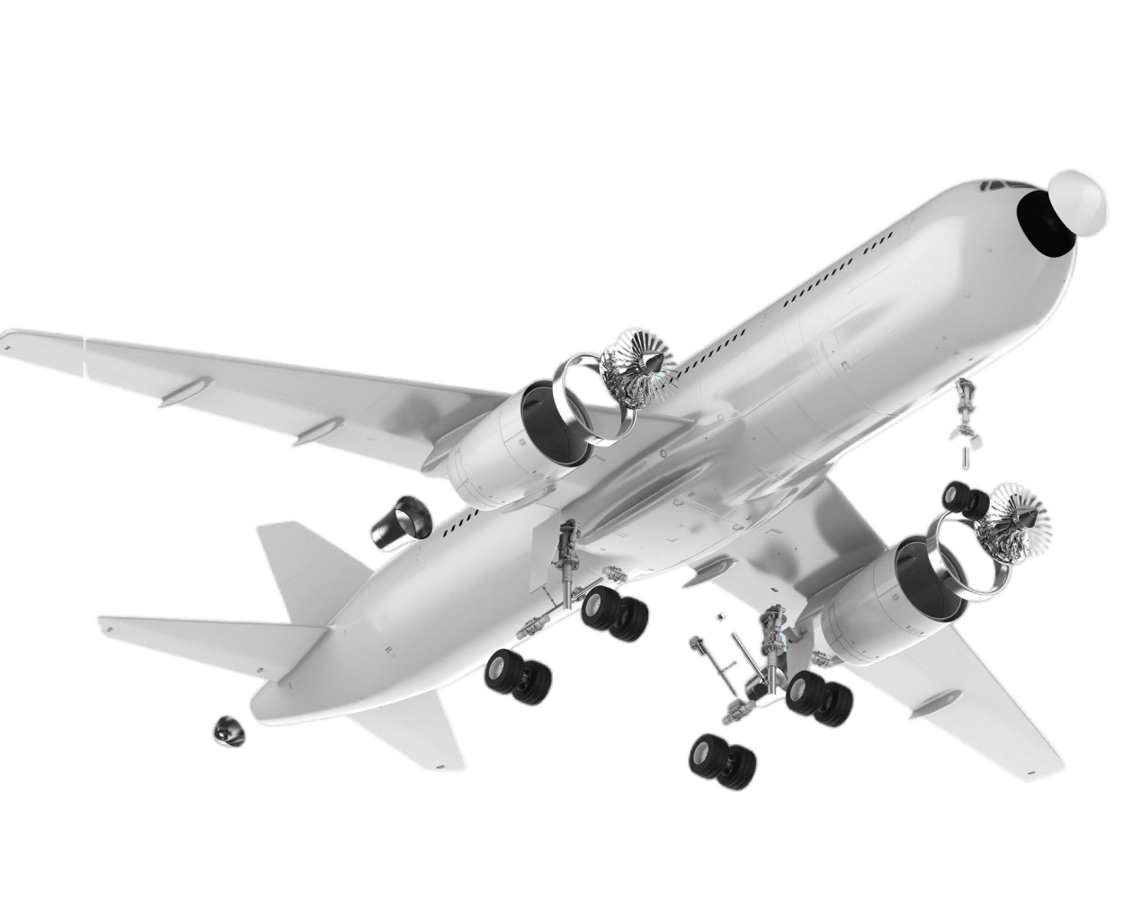 Digital rendering of an airplane with exposed engines and landing gear components