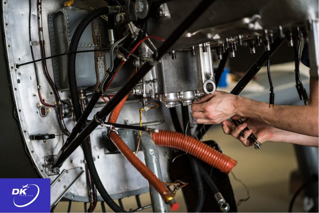 Technician performing aircraft engine inspection process, checking components and wiring for mechanical integrity and performance.