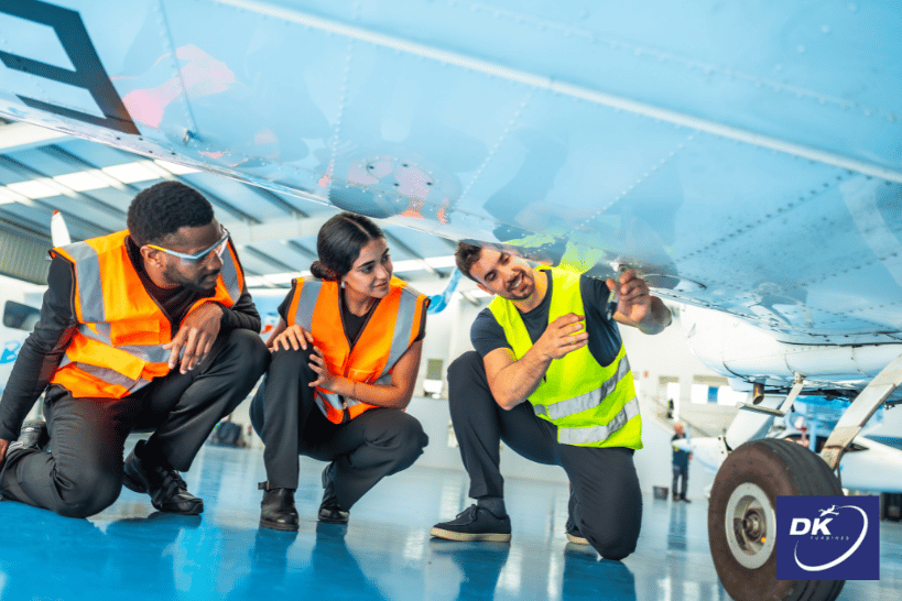 Aircraft maintenance crew inspecting part under aircraft.