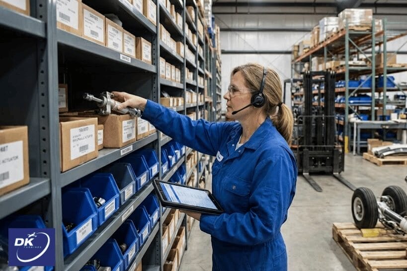 Technician selecting aircraft part from organized inventory