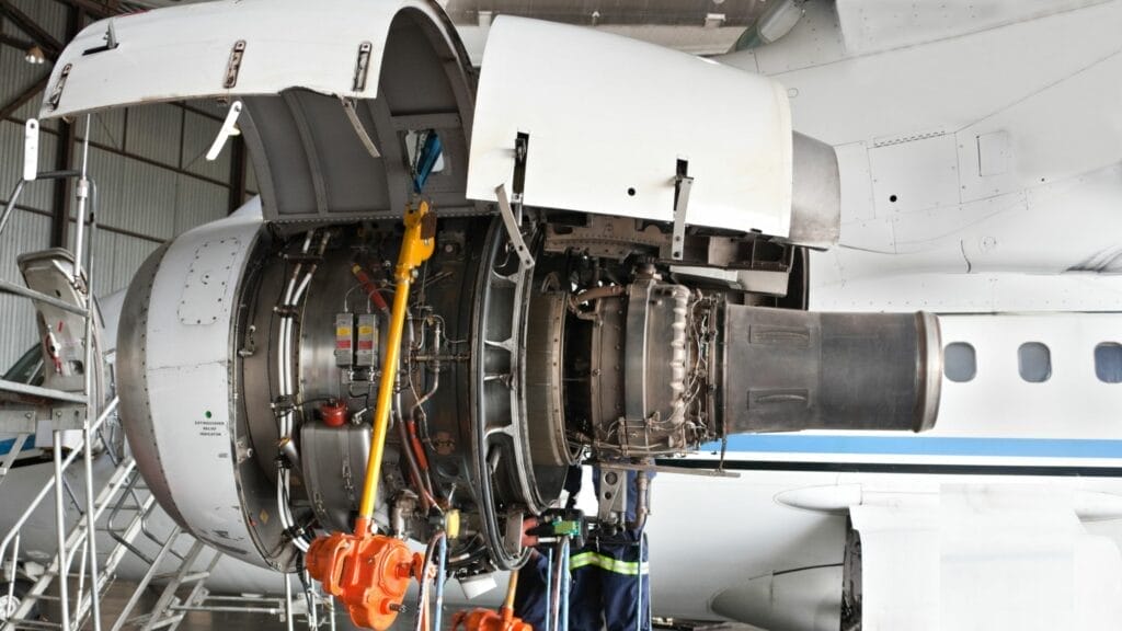 Jet engine undergoing servicing with visible side components.