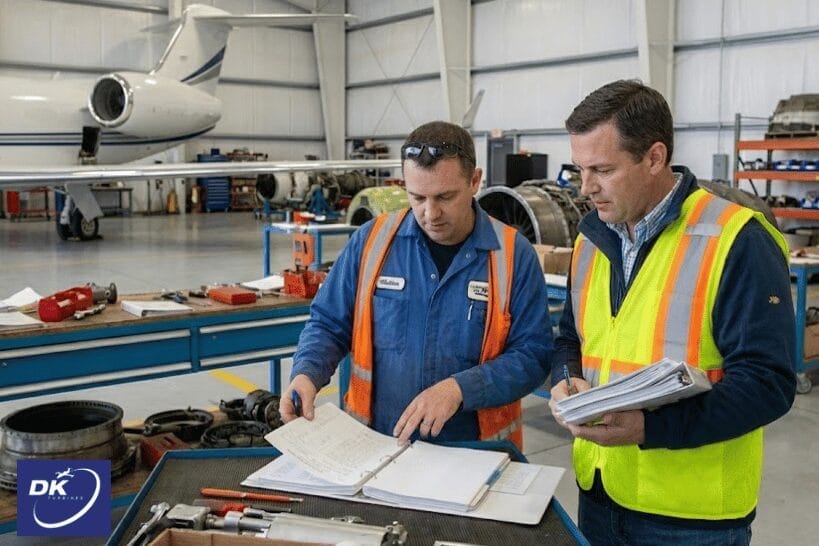 Technician sourcing jet engine parts and reviewing documentation.